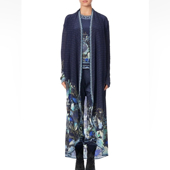 CAMILLA *Natures Nectar* blue floral silk boho long casual jacket w pockets S/M - Picture 2 of 14